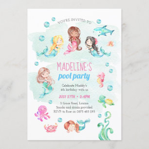 Mermaid party-uitnodiging, verjaardagspool kaart