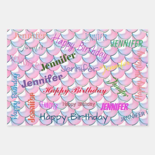 Mermaid Pattern Birthday Girly Custom Name Roze Inpakpapier Vel (Voorkant 3)