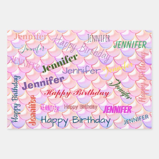 Mermaid Pattern Birthday Girly Custom Name Roze Inpakpapier Vel (Voorkant)