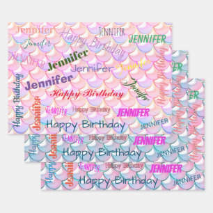 Mermaid Pattern Birthday Girly Custom Name Roze Inpakpapier Vel