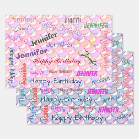 Mermaid Pattern Birthday Girly Custom Name Roze Inpakpapier Vel (Set)