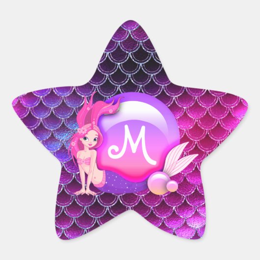 Mermaid Pearls en Scales Monogram Roze ID600 Ster Sticker (Voorkant)