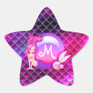 Mermaid Pearls en Scales Monogram Roze ID600 Ster Sticker