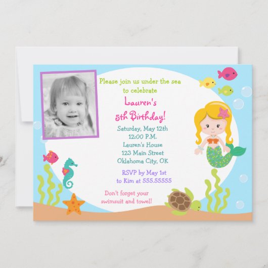 Mermaid Photo Birthday Party Invitation Kaart (Voorkant)
