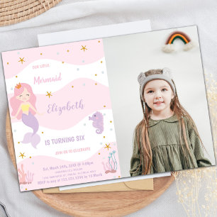 Mermaid Pink Birthday Invitations met foto Kaart