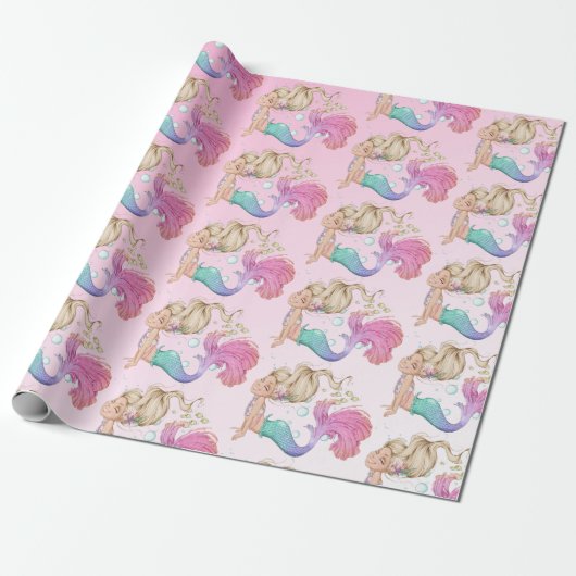 Mermaid Pink Cute Bubbles Wrapping Cadeaupapier (Uitgerold)