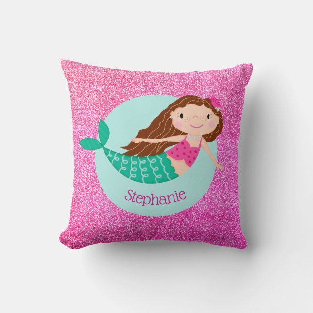 Mermaid Pink Glitter Girly gepersonaliseerd Kussen (Voorkant)