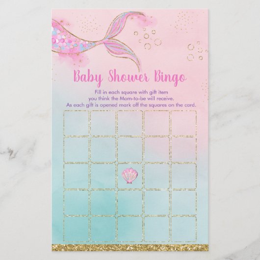 Mermaid Pink Gold Baby shower Bingo Game (Voorkant)