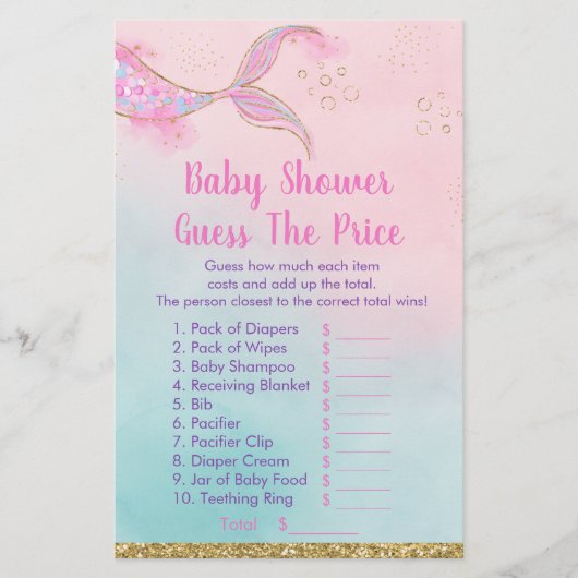 Mermaid Pink Gold Baby shower raadt prijsspel (Voorkant)