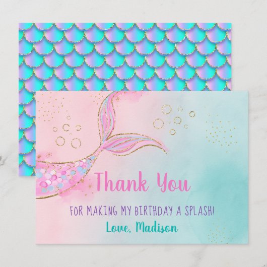 Mermaid Pink Gold Birthday Bedankkaart (Voorkant / Achterkant)