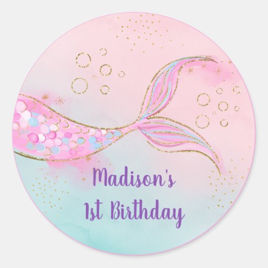 Mermaid Pink Gold Birthday Ronde Sticker (Voorkant)