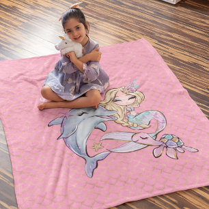 Mermaid Pink Gold Cute Girl Bedroom Kinder Fleece Deken