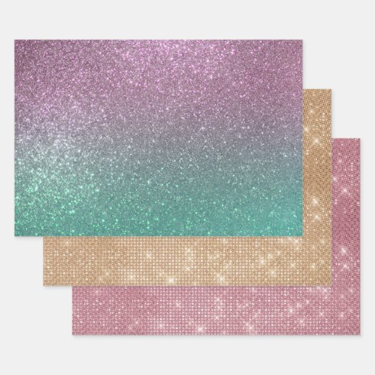 Mermaid Pink Green Sparkly Glitter Ombre Inpakpapier Vel (Set)