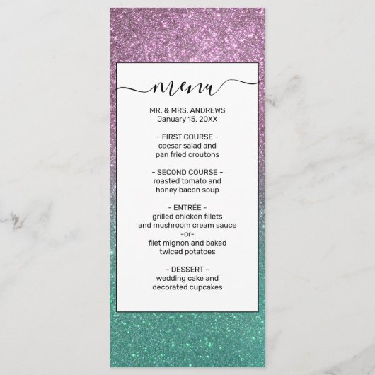 Mermaid Pink Green Sparkly Glitter Ombre Menu (Voorkant)