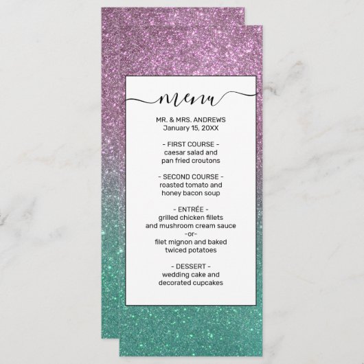 Mermaid Pink Green Sparkly Glitter Ombre Menu (Voorkant / Achterkant)