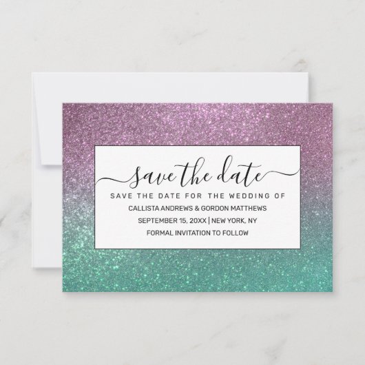 Mermaid Pink Green Sparkly Glitter Ombre Save The Date (Voorkant)