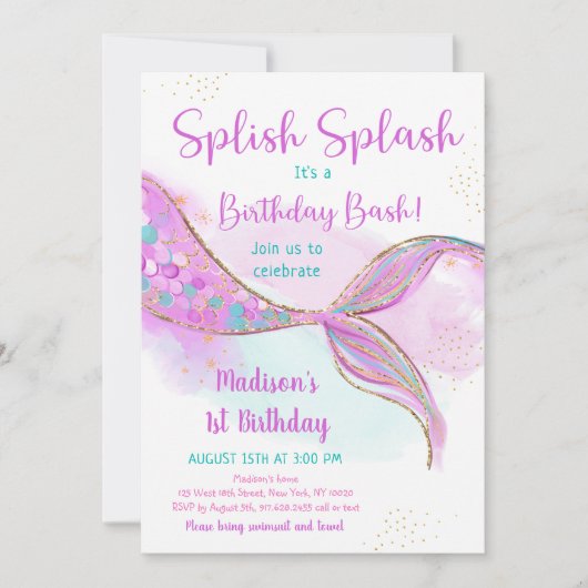 Mermaid Pink Paars Birthday Kaart (Voorkant)
