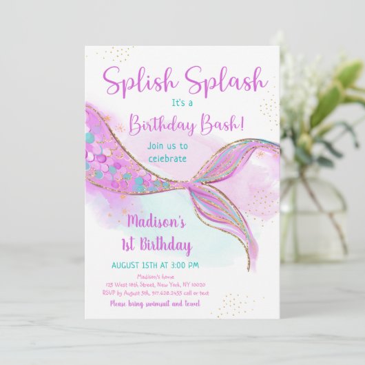 Mermaid Pink Paars Birthday Kaart (Staand voorkant)
