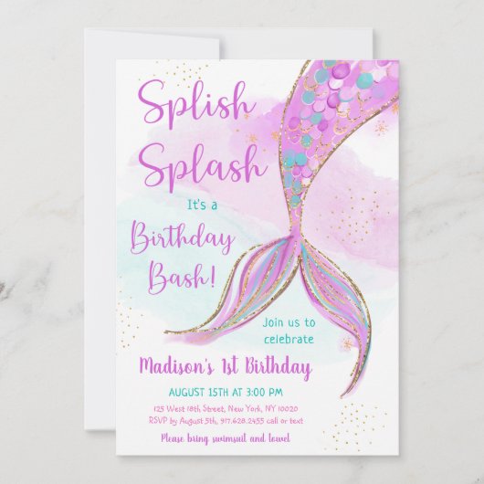 Mermaid Pink Paars Birthday Kaart (Voorkant)