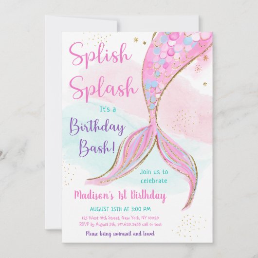 Mermaid Pink Paars Birthday Kaart (Voorkant)