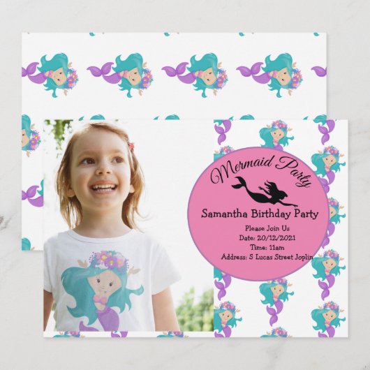 Mermaid Pink Paars Birthday Party Invitation Kaart (Voorkant / Achterkant)