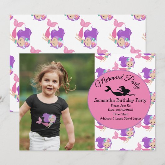 Mermaid Pink Paars Birthday Party Invitation Kaart (Voorkant / Achterkant)