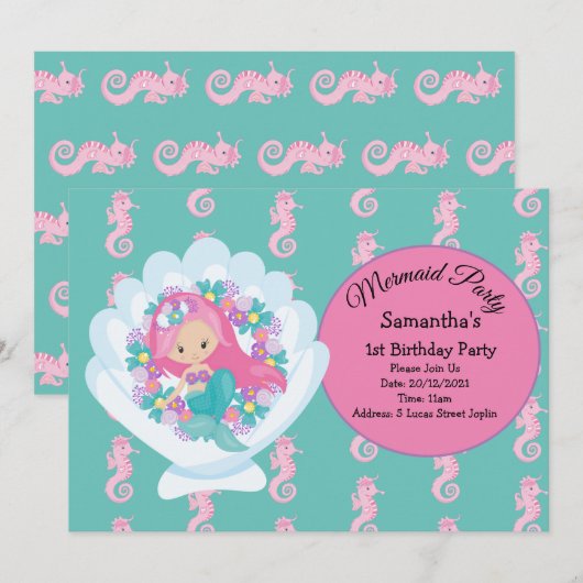 Mermaid Pink Paars Birthday Party Invitation Kaart (Voorkant / Achterkant)