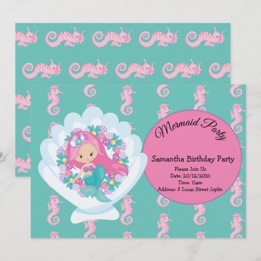 Mermaid Pink Paars Birthday Party Invitation Kaart (Voorkant / Achterkant)