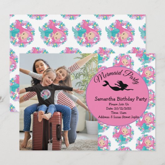 Mermaid Pink Paars Birthday Party Invitation Kaart (Voorkant / Achterkant)