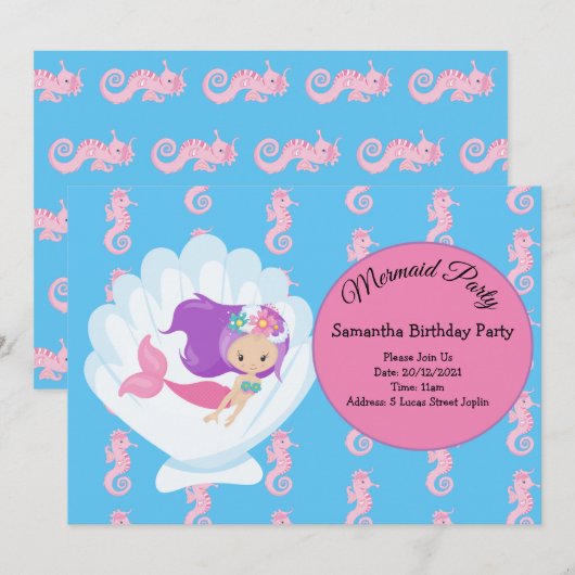 Mermaid Pink Paars Birthday Party Invitation Kaart (Voorkant / Achterkant)