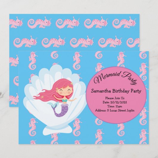 Mermaid Pink Paars Birthday Party Invitation Kaart (Voorkant / Achterkant)
