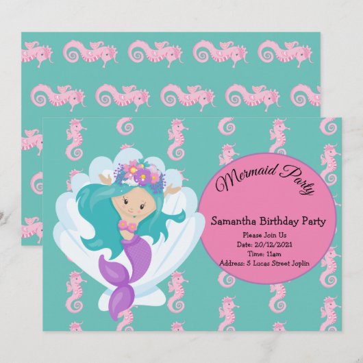 Mermaid Pink Paars Birthday Party Invitation Kaart (Voorkant / Achterkant)
