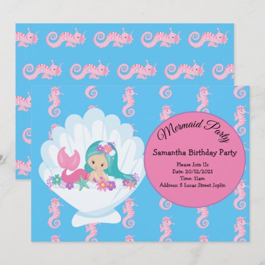 Mermaid Pink Paars Birthday Party Invitation Kaart (Voorkant / Achterkant)