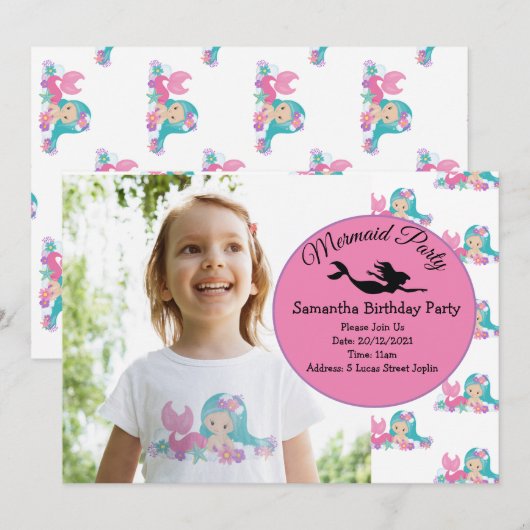 Mermaid Pink Paars Birthday Party Invitation Kaart (Voorkant / Achterkant)