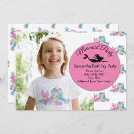 Mermaid Pink Paars Birthday Party Invitation Kaart