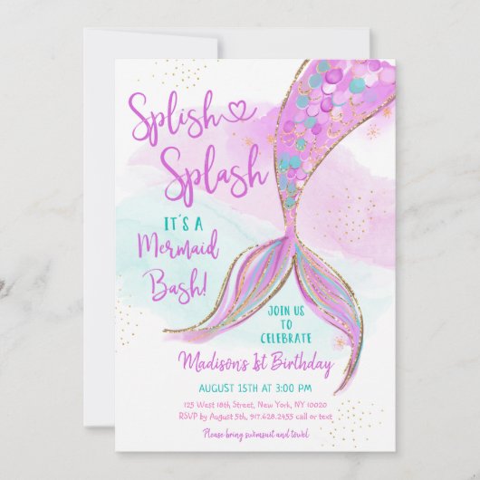 Mermaid Pink Paars Gold Waterverf Birthday Kaart (Voorkant)