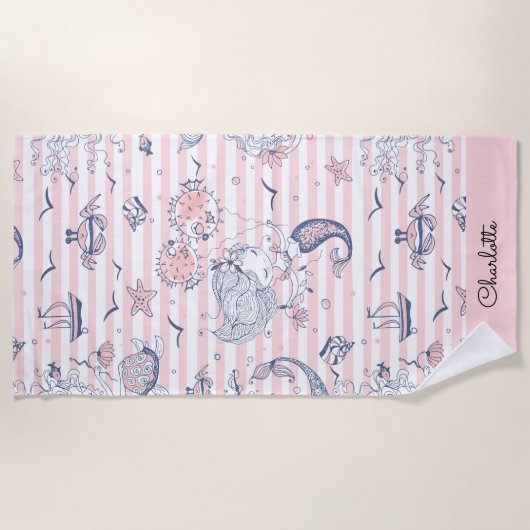 Mermaid Pink Stripe Beach Towel Strandlaken (Voorkant)
