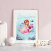 Mermaid Pink Whale Nursery Poster