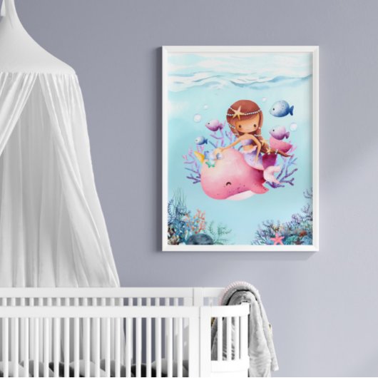 Mermaid Pink Whale Nursery Poster