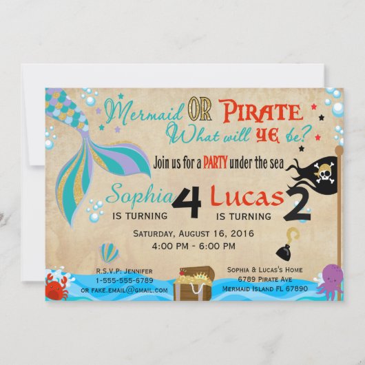 Mermaid & Pirate Birthday Brother & Sister Party Kaart (Voorkant)
