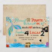 Mermaid & Pirate Birthday Brother & Sister Party Kaart (Voorkant / Achterkant)