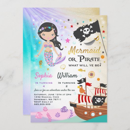Mermaid Pirate Birthday Invitation Siblings Party Kaart (Voorkant / Achterkant)