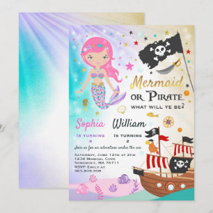 Mermaid Pirate Birthday Invitation Siblings Party Kaart
