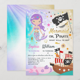 Mermaid Pirate Birthday Invitation Siblings Party Kaart
