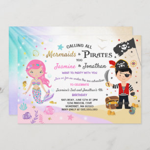 Mermaid Pirate Birthday Invitation Siblings Party Kaart