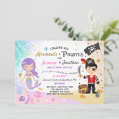 Mermaid Pirate Birthday Invitation Siblings Party Kaart (Staand voorkant)