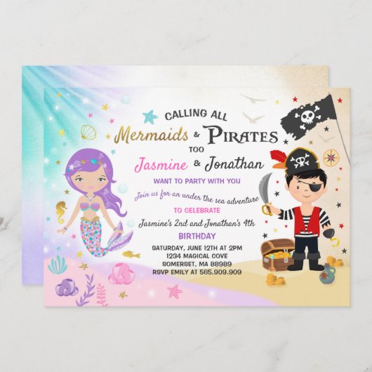 Mermaid Pirate Birthday Invitation Siblings Party Kaart (Voorkant / Achterkant)
