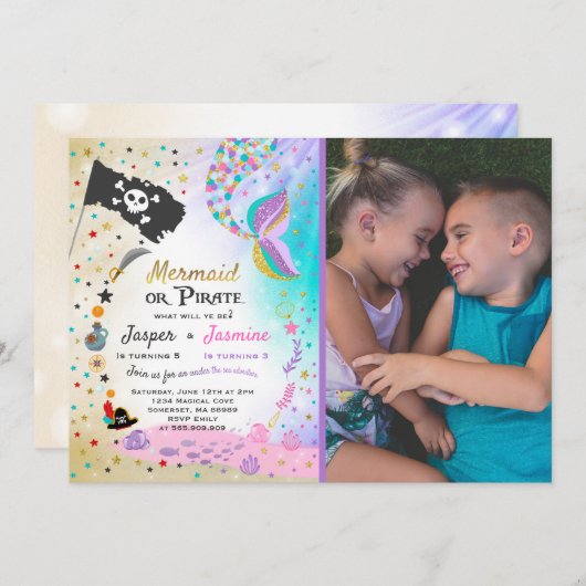 Mermaid Pirate Birthday Invitation Siblings Party Kaart (Voorkant / Achterkant)