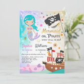 Mermaid Pirate Birthday Invitation Siblings Party Kaart (Staand voorkant)