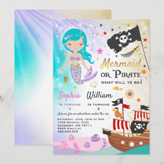 Mermaid Pirate Birthday Invitation Siblings Party Kaart (Voorkant / Achterkant)